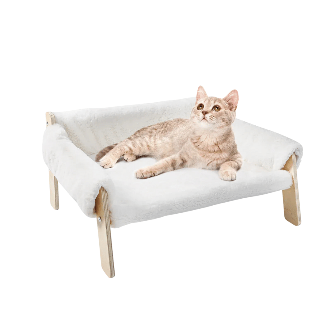 Katzen - Sofa – Erhöhtes Plüschbett mit stabilen Holzfüßen, weich & bequem für Wohnungskatzen, ideal zum Schlafen & Entspannen - fellfunk.de