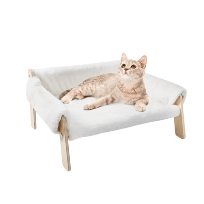 Katzen - Sofa – Erhöhtes Plüschbett mit stabilen Holzfüßen, weich & bequem für Wohnungskatzen, ideal zum Schlafen & Entspannen - fellfunk.de