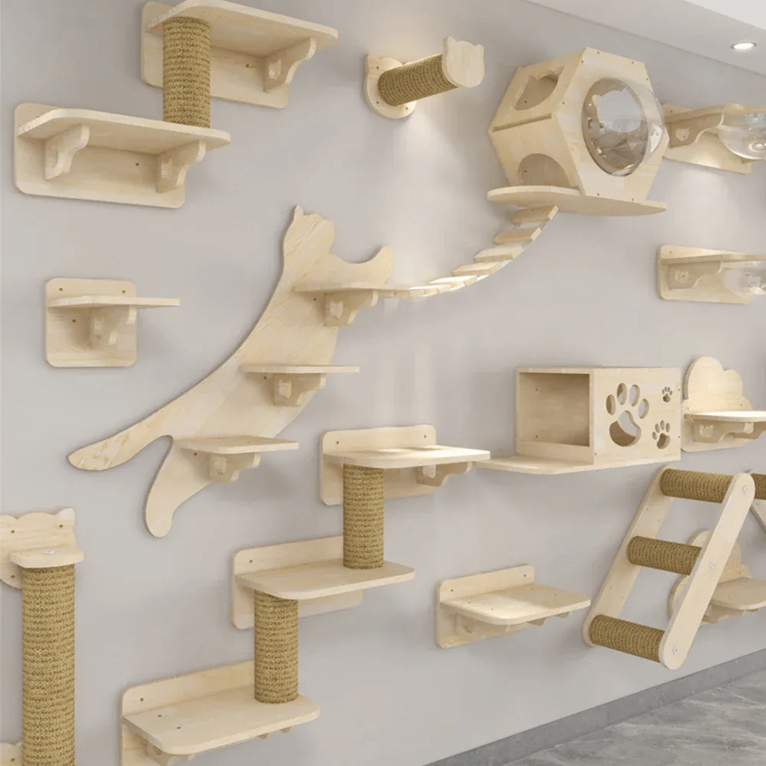 FellFunk Wand - Katzenbaum – Wandregale mit Kratzstamm, Hängematte, Kletterplattform & Seilleiter aus Holz - fellfunk.de