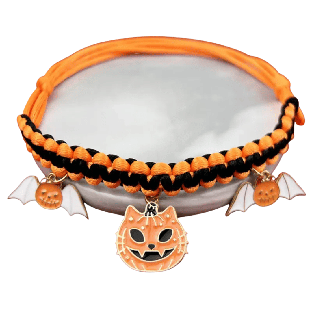 Halloween Halsband – Handgefertigtes Breakaway - Halsband für Katzen & kleine Hunde mit Kürbis - & Geisteranhänger, sicher & stylisch - fellfunk.de