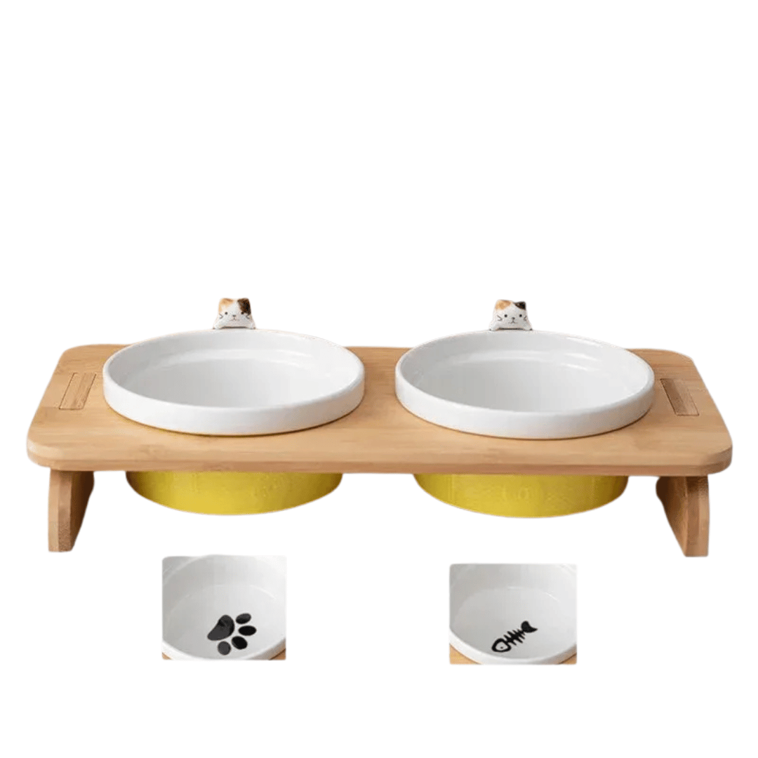 FellFunk Katzen - Doppelnapf – Keramik Futternäpfe mit Holzständer, erhöht & ergonomisch für Wasser und Futter - fellfunk.de