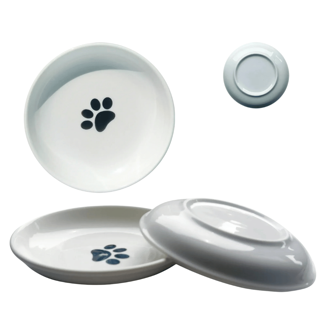 3er Keramiknapf - Set – Flache, breite Katzennäpfe gegen Schnurrhaar - Stress, ideal für Kitten & Katzen, für Futter & Wasser geeignet - fellfunk.de