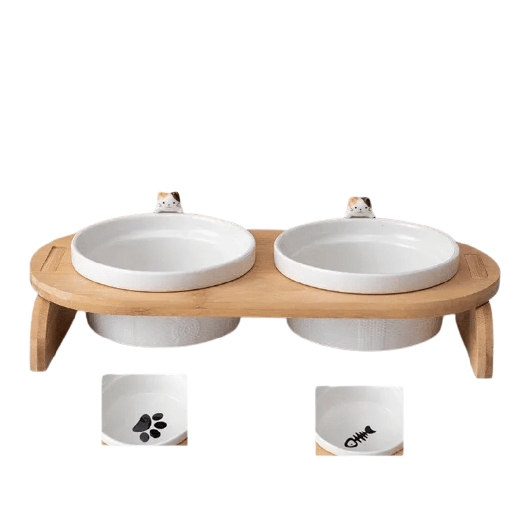 FellFunk Katzen - Doppelnapf – Keramik Futternäpfe mit Holzständer, erhöht & ergonomisch für Wasser und Futter - fellfunk.de
