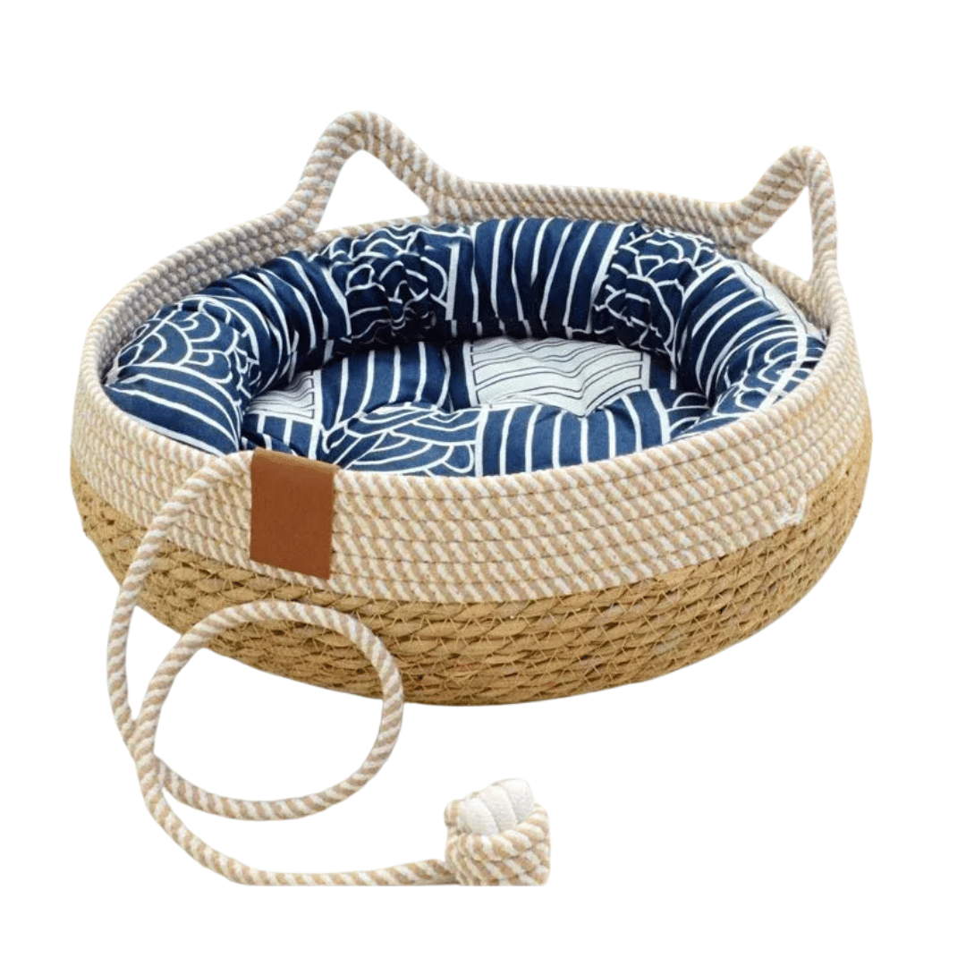 Rattan Katzenbett – Atmungsaktives Sommerbett mit herausnehmbarem Kissen, kratzfest, waschbar & ideal als gemütliches Katzenhaus - fellfunk.de