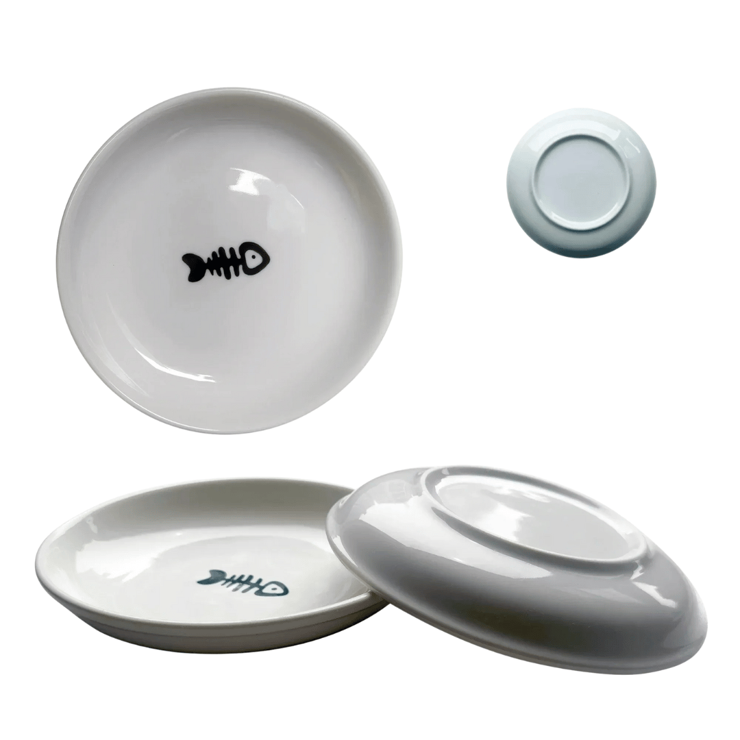 3er Keramiknapf - Set – Flache, breite Katzennäpfe gegen Schnurrhaar - Stress, ideal für Kitten & Katzen, für Futter & Wasser geeignet - fellfunk.de