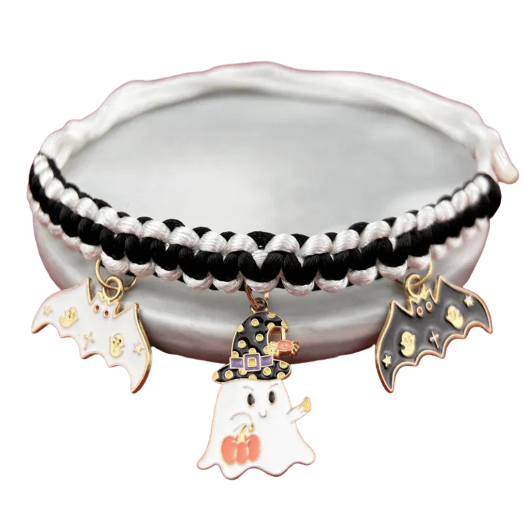 Halloween Halsband – Handgefertigtes Breakaway - Halsband für Katzen & kleine Hunde mit Kürbis - & Geisteranhänger, sicher & stylisch - fellfunk.de