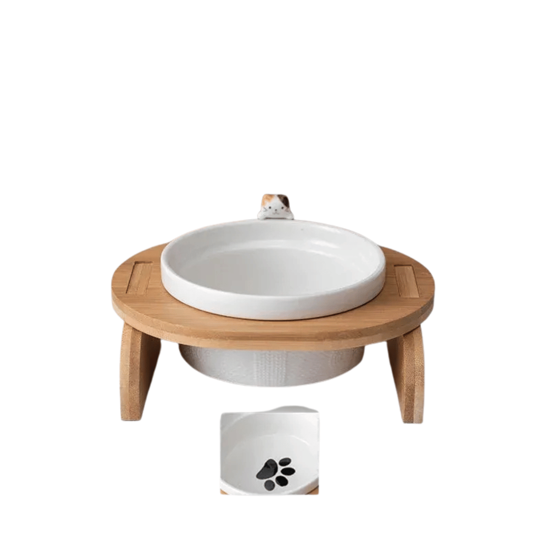 FellFunk Katzen - Doppelnapf – Keramik Futternäpfe mit Holzständer, erhöht & ergonomisch für Wasser und Futter - fellfunk.de