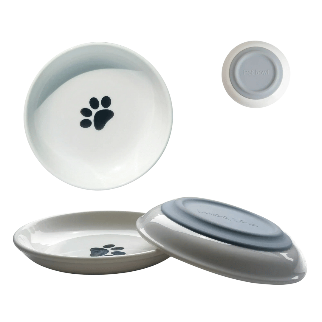 3er Keramiknapf - Set – Flache, breite Katzennäpfe gegen Schnurrhaar - Stress, ideal für Kitten & Katzen, für Futter & Wasser geeignet - fellfunk.de