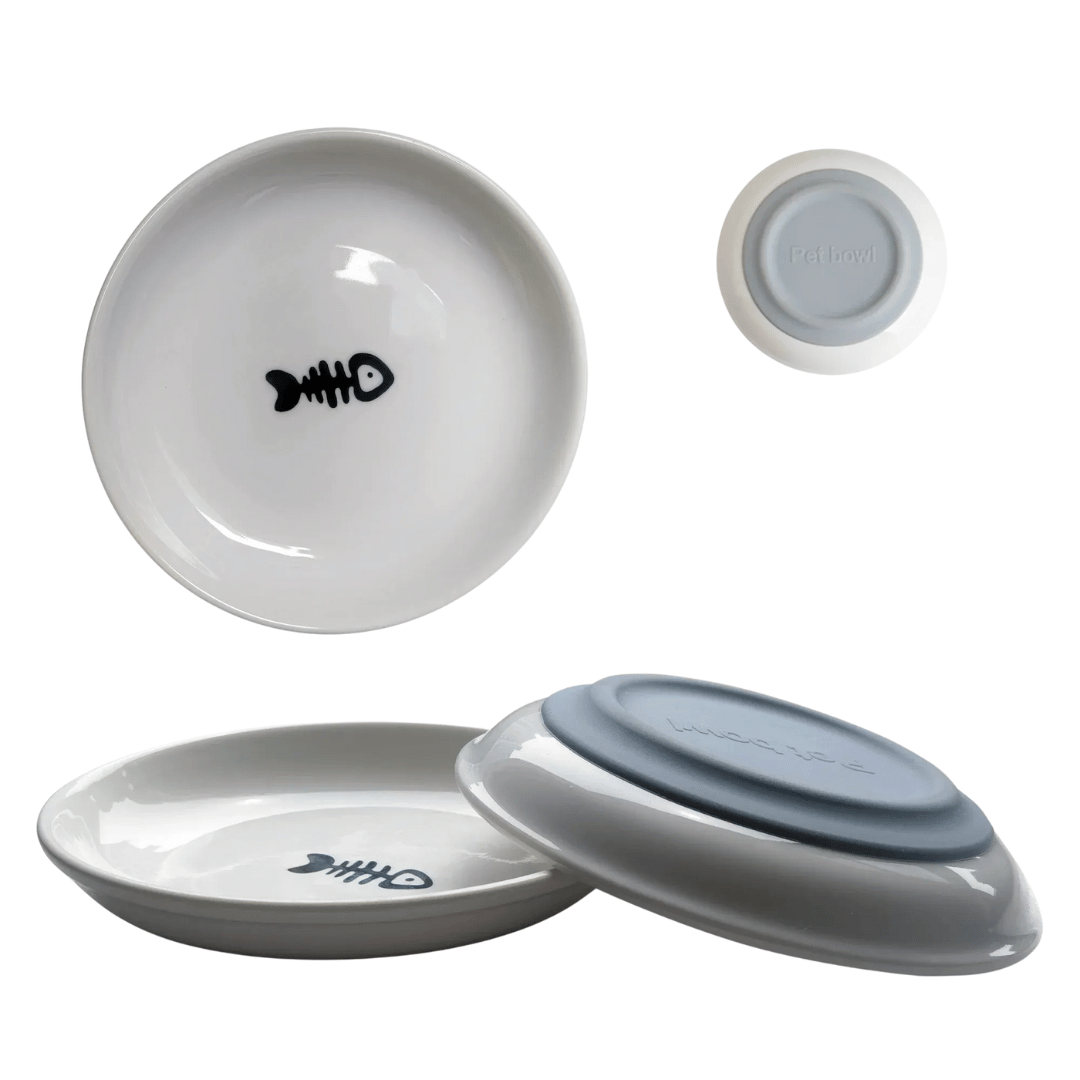 3er Keramiknapf - Set – Flache, breite Katzennäpfe gegen Schnurrhaar - Stress, ideal für Kitten & Katzen, für Futter & Wasser geeignet - fellfunk.de
