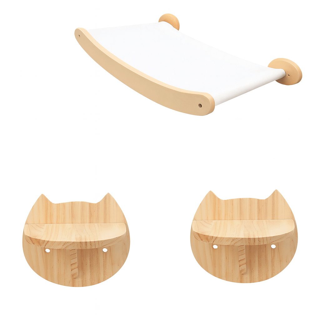 FellFunk Wand - Katzenbaum – Wandregale mit Kratzstamm, Hängematte, Kletterplattform & Seilleiter aus Holz - fellfunk.de