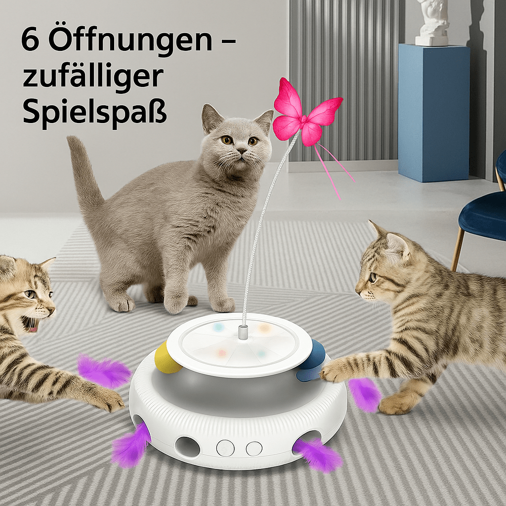 3 - in - 1 Katzenspielzeug – Elektronisches Set mit flatterndem Schmetterling, Feder & Spielball für interaktiven Spaß & Bewegung - fellfunk.de