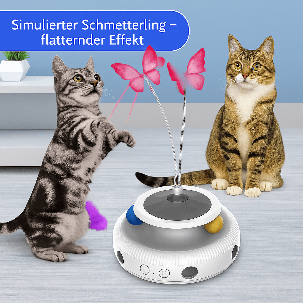 3 - in - 1 Katzenspielzeug – Elektronisches Set mit flatterndem Schmetterling, Feder & Spielball für interaktiven Spaß & Bewegung - fellfunk.de