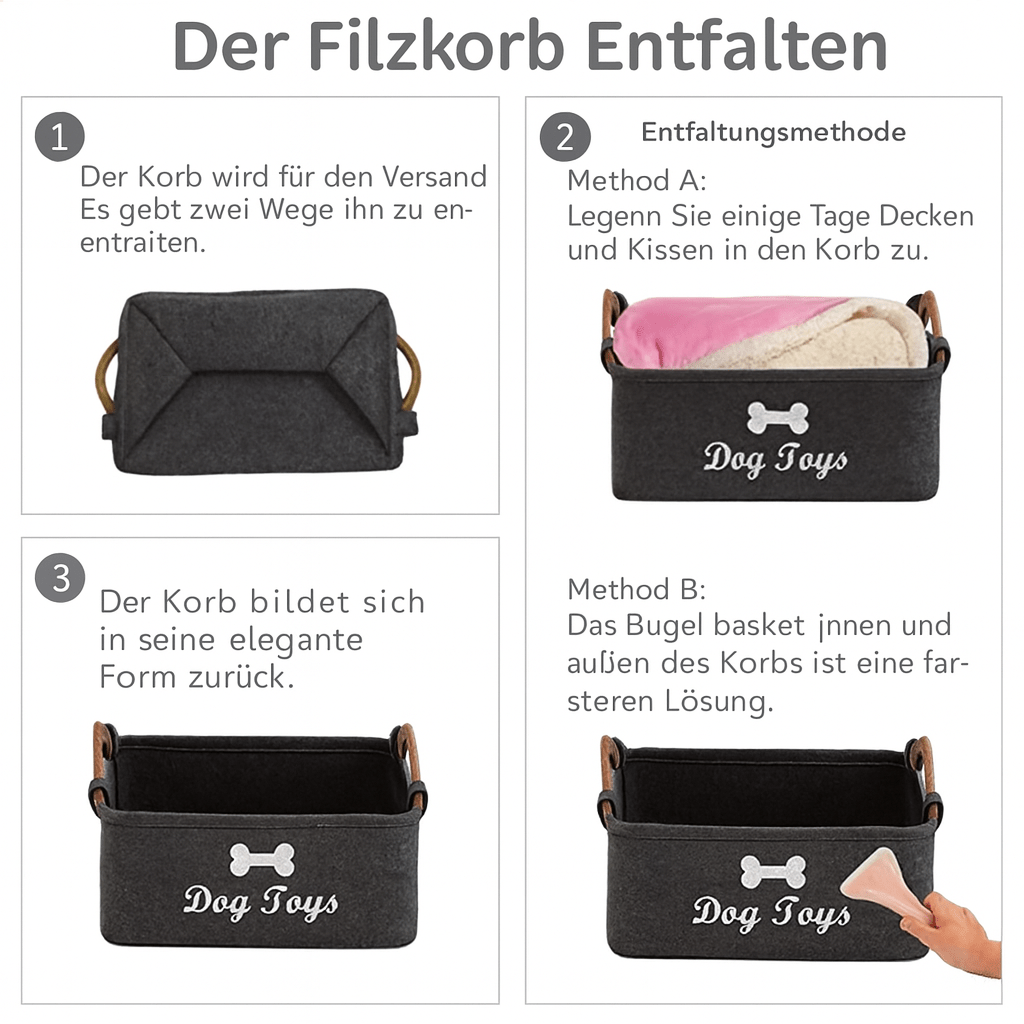 Haustier Spielzeugbox aus Filz – Faltbare Aufbewahrung für Spielzeug, Futter & Zubehör - fellfunk.de