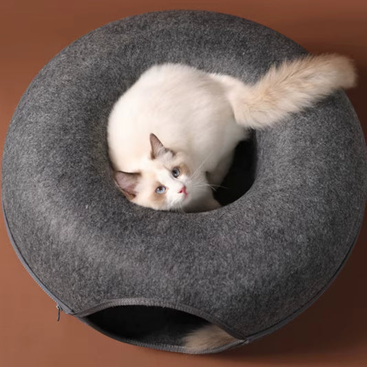 Fellfunk DonutPlay – Rundes Katzenspielbett aus Filz mit Tunnel & Höhlenfunktion für Spaß & Geborgenheit